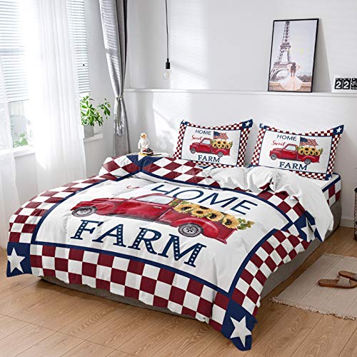 Independence Day Duvet Cover Set Cali King,4 Pieces Farm Home Red Truck Sunflowers USA Flag Bed Sheet Sets Soft Comforter Cover with Flat Sheet 2 Pillow Shams for Man/Woman Checker Plaid