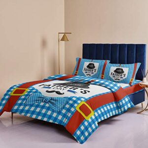 Happy Father's Day Duvet Cover Set Full,4 Pieces Black Hat with Beard Red Belt Bed Sheet Sets Soft Comforter Cover with Flat Sheet 2 Pillow Shams for Teen/Man/Woman/Toddler Blue Buffalo Checker