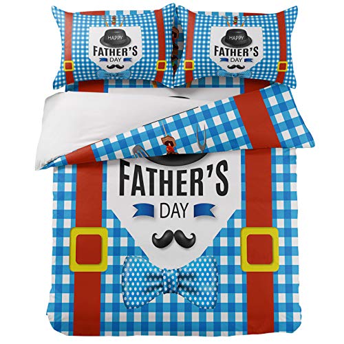 Happy Father's Day Duvet Cover Set Full,4 Pieces Black Hat with Beard Red Belt Bed Sheet Sets Soft Comforter Cover with Flat Sheet 2 Pillow Shams for Teen/Man/Woman/Toddler Blue Buffalo Checker