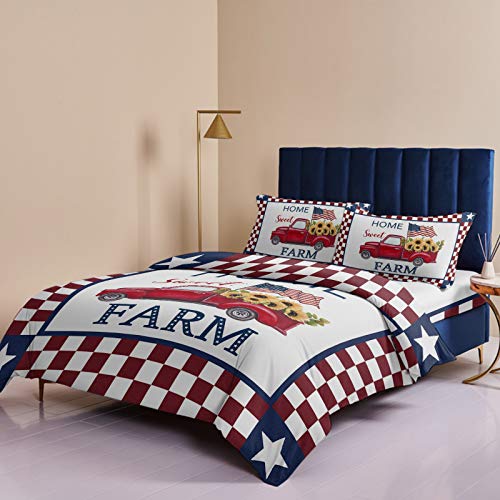 Independence Day Duvet Cover Set Cali King,4 Pieces Farm Home Red Truck Sunflowers USA Flag Bed Sheet Sets Soft Comforter Cover with Flat Sheet 2 Pillow Shams for Man/Woman Checker Plaid