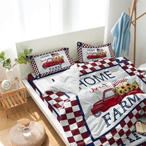 Independence Day Duvet Cover Set Cali King,4 Pieces Farm Home Red Truck Sunflowers USA Flag Bed Sheet Sets Soft Comforter Cover with Flat Sheet 2 Pillow Shams for Man/Woman Checker Plaid