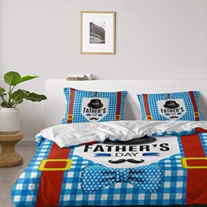 Happy Father's Day Duvet Cover Set Full,4 Pieces Black Hat with Beard Red Belt Bed Sheet Sets Soft Comforter Cover with Flat Sheet 2 Pillow Shams for Teen/Man/Woman/Toddler Blue Buffalo Checker