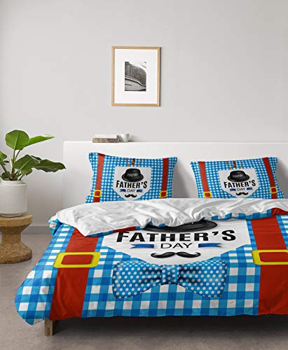 Happy Father's Day Duvet Cover Set Full,4 Pieces Black Hat with Beard Red Belt Bed Sheet Sets Soft Comforter Cover with Flat Sheet 2 Pillow Shams for Teen/Man/Woman/Toddler Blue Buffalo Checker