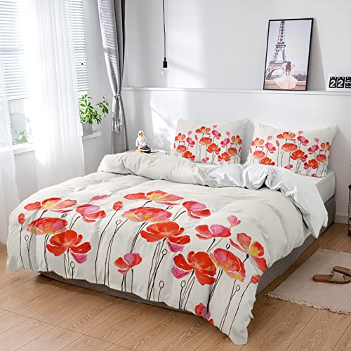 Pastoral Queen Duvet Cover 4 Piece Bedding Set Watercolor Red Poppy Flower Microfiber Quilt Cover Ultra Soft Flat Sheet and 2 Pillow Cases Abstract Blooming Floral Bedding Sets for Bedroom Decor