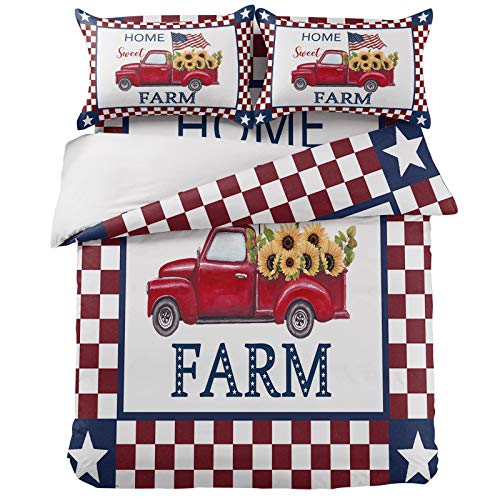 Independence Day Duvet Cover Set Cali King,4 Pieces Farm Home Red Truck Sunflowers USA Flag Bed Sheet Sets Soft Comforter Cover with Flat Sheet 2 Pillow Shams for Man/Woman Checker Plaid