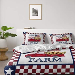 Independence Day Duvet Cover Set Cali King,4 Pieces Farm Home Red Truck Sunflowers USA Flag Bed Sheet Sets Soft Comforter Cover with Flat Sheet 2 Pillow Shams for Man/Woman Checker Plaid