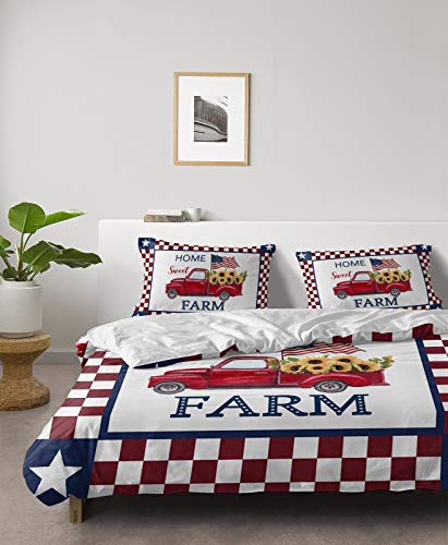 Independence Day Duvet Cover Set Cali King,4 Pieces Farm Home Red Truck Sunflowers USA Flag Bed Sheet Sets Soft Comforter Cover with Flat Sheet 2 Pillow Shams for Man/Woman Checker Plaid