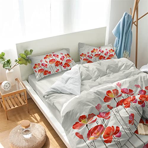 Pastoral Queen Duvet Cover 4 Piece Bedding Set Watercolor Red Poppy Flower Microfiber Quilt Cover Ultra Soft Flat Sheet and 2 Pillow Cases Abstract Blooming Floral Bedding Sets for Bedroom Decor