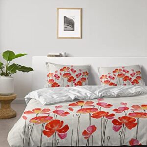 Pastoral Queen Duvet Cover 4 Piece Bedding Set Watercolor Red Poppy Flower Microfiber Quilt Cover Ultra Soft Flat Sheet and 2 Pillow Cases Abstract Blooming Floral Bedding Sets for Bedroom Decor