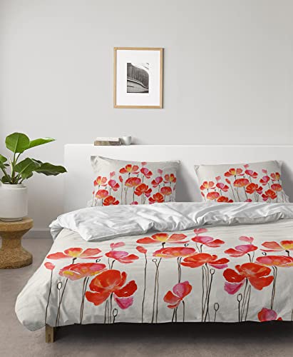 Pastoral Queen Duvet Cover 4 Piece Bedding Set Watercolor Red Poppy Flower Microfiber Quilt Cover Ultra Soft Flat Sheet and 2 Pillow Cases Abstract Blooming Floral Bedding Sets for Bedroom Decor