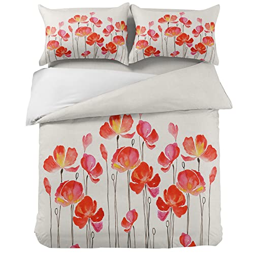 Pastoral Queen Duvet Cover 4 Piece Bedding Set Watercolor Red Poppy Flower Microfiber Quilt Cover Ultra Soft Flat Sheet and 2 Pillow Cases Abstract Blooming Floral Bedding Sets for Bedroom Decor