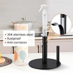 SOAMOEU Paper Towel Holder with Spray Bottle, Stainless Steel Countertop Paper Towel Holder, One-Handed Operation Kitchen Paper Towels Holder with Non Slip Weighted Base (Black)