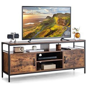 tangkula tv stand for tvs up to 65”, 58” tv console table w/side cabinets & adjustable shelf, entertainment center media console w/cable manage holes, tv storage cabinet for living room (rustic brown)