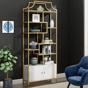 Loomie 8-Open Shelf Bookshelf with Cabinet, 76.77" H Lux Etagere Bookcase, Tall Storage Display Modern Open Book Shelf, Metal Geometric Book Case for Bedroom, Home Office & Living Room, Gold & White