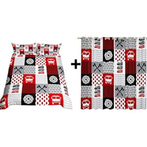 5pcs red fire truck car duvet cover set queen size & curtain set: 1 duvet cover + 2 pillowcase + 2 panels of 42 w x 63 l inch each