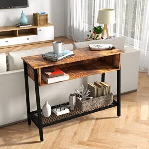 tinkle well industrial console, entryway, narrow sofa table for living room and hallway, storage drawer w/mesh shelf, rustic brown