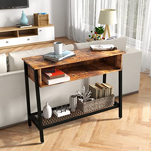 TINKLE WELL Industrial Console, Entryway, Narrow Sofa Table for Living Room and Hallway, Storage Drawer w/Mesh Shelf, Rustic Brown