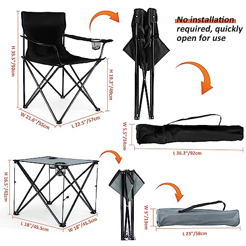 Leonyo 2 Pcs Camping Chairs with Table, Folding Chairs for Outside & Portable Camping Table, Oversized Heavy Duty Foldable Chair for Adults Fishing, Picnic, Hiking, Sports, Lawn, Travel - Black