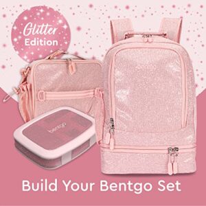 Bentgo® Kids 2-in-1 Backpack & Insulated Lunch Bag - Glitter Designed 16” Backpack for School & Travel - Durable, Water Resistant, Padded, & Large Compartments (Glitter Edition - Petal Pink)