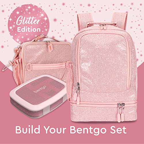 Bentgo® Kids 2-in-1 Backpack & Insulated Lunch Bag - Glitter Designed 16” Backpack for School & Travel - Durable, Water Resistant, Padded, & Large Compartments (Glitter Edition - Petal Pink)