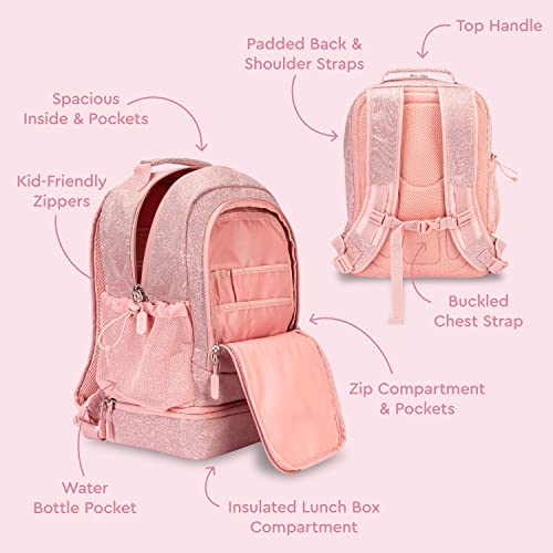 Bentgo® Kids 2-in-1 Backpack & Insulated Lunch Bag - Glitter Designed 16” Backpack for School & Travel - Durable, Water Resistant, Padded, & Large Compartments (Glitter Edition - Petal Pink)