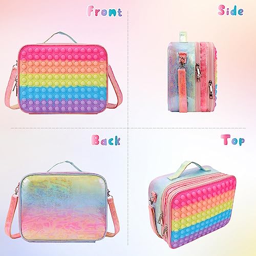 GetWill Pop Lunch Box for Girls, Rainbow Girls Lunch Boxes for School, Push Bubble Kids Insulated Lunch Bag, Leakproof Cooler Lunch Tote with Adjustable Strap, Birthday Back to School Supplies Gifts