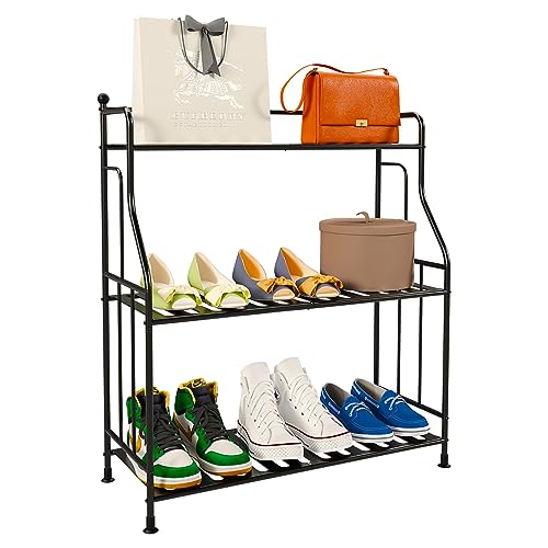 YisanCrafts 3-Tier Shoe Rack for Closet Metal Shoe Organizer for Entryway, Extra Large Capacity Wide Shoe Storage Shelf with Sturdy Wire Grid for Closet Floor, Bedroom, Iron Plate Black