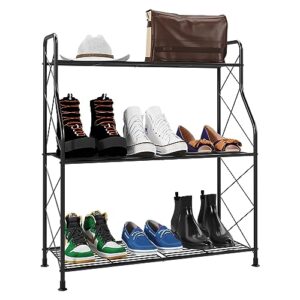 yisancrafts 3-tier shoe rack for closet metal shoe organizer for entryway, extra large capacity wide shoe storage shelf with sturdy wire grid for closet floor, bedroom, wire grid, black