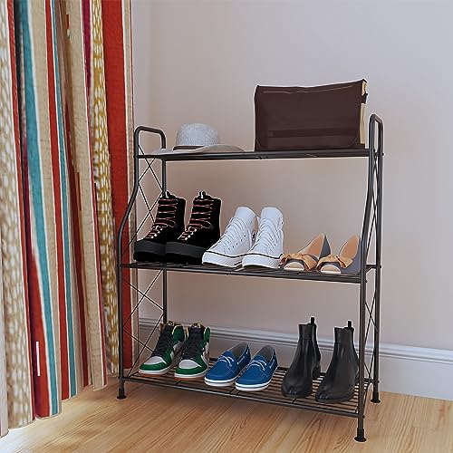 YisanCrafts 3-Tier Shoe Rack for Closet Metal Shoe Organizer for Entryway, Extra Large Capacity Wide Shoe Storage Shelf with Sturdy Wire Grid for Closet Floor, Bedroom, Wire Grid, Black