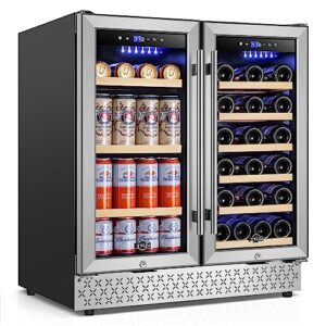 tylza 30 inch wine and beverage refrigerator, dual zone wine beverage cooler 30" with french door, under counter wine beer fridge built-in or freestanding, holds 29 bottles and 110 cans tybc200