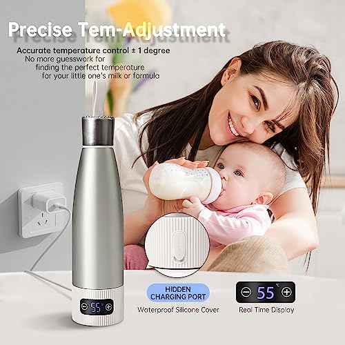 Portable Milk Warmer for Baby Formula, Water or Breastmilk, Cordless Design with Precise Temp Display, 12Oz Capacity Fast Milk Heating, Rechargeable Bottle Warmer Perfect for Indoor and On The go