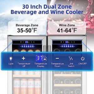 Tylza 30 Inch Wine and Beverage Refrigerator, Dual Zone Wine Beverage Cooler 30" with French Door, Under Counter Wine Beer Fridge Built-In or Freestanding, Holds 29 Bottles and 110 Cans TYBC200