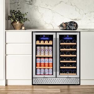 Tylza 30 Inch Wine and Beverage Refrigerator, Dual Zone Wine Beverage Cooler 30" with French Door, Under Counter Wine Beer Fridge Built-In or Freestanding, Holds 29 Bottles and 110 Cans TYBC200