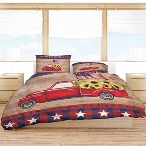 durable duvet cover set 3 piece bedding sets queen size, car with flag sunflower independence day red buffalo checkered comforter set soft microfiber bedding with 1 comforter cover, 2 pillowcases