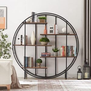 bookcase round 5 tier bookshelf open freestanding storage shelf metal plant stand, display stand for living room home office entryway bedroom, rustic brown