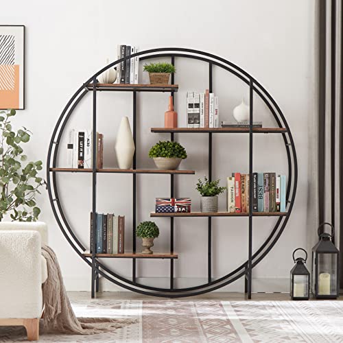 Bookcase Round 5 Tier Bookshelf Open Freestanding Storage Shelf Metal Plant Stand, Display Stand for Living Room Home Office Entryway Bedroom, Rustic Brown