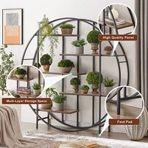 Bookcase Round 5 Tier Bookshelf Open Freestanding Storage Shelf Metal Plant Stand, Display Stand for Living Room Home Office Entryway Bedroom, Rustic Brown