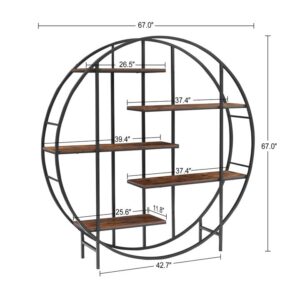 Bookcase Round 5 Tier Bookshelf Open Freestanding Storage Shelf Metal Plant Stand, Display Stand for Living Room Home Office Entryway Bedroom, Rustic Brown