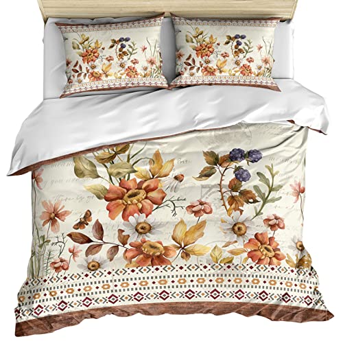 Durable Duvet Cover Set 3 Piece Bedding Sets Twin Size, Rustic Flowers Comforter Set Soft Microfiber Fill Bedding with 1 Comforter Cover, 2 Pillowcases Farmhouse Floral Fall Plants Rural Southwest