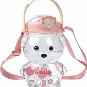 JRIQH Kawaii Bear Straw Bottle,Leak-Proof Water Bottle with Adjustable & Removable Shoulder Strap for Boy and Girls (pink)