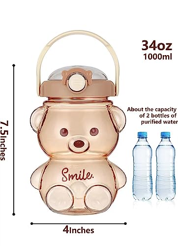 JRIQH Kawaii Bear Straw Bottle,Leak-Proof Water Bottle with Adjustable & Removable Shoulder Strap for Boy and Girls (pink)