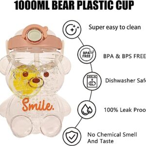 JRIQH Kawaii Bear Straw Bottle,Leak-Proof Water Bottle with Adjustable & Removable Shoulder Strap for Boy and Girls (pink)