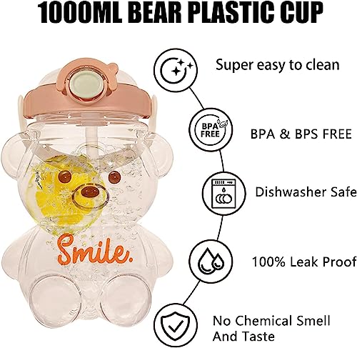 JRIQH Kawaii Bear Straw Bottle,Leak-Proof Water Bottle with Adjustable & Removable Shoulder Strap for Boy and Girls (pink)