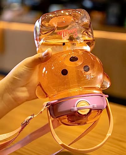 JRIQH Kawaii Bear Straw Bottle,Leak-Proof Water Bottle with Adjustable & Removable Shoulder Strap for Boy and Girls (pink)