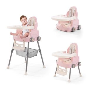 high chairs for babies and toddlers, portable 3 in 1 high chair, adjustable convertible compact infant baby feeding chair booster with detachable double tray, 5 point harness, foot rest pink