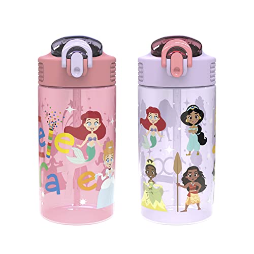 Zak Designs Kids Water Bottle For School or Travel, 16oz 2-Pack Durable Plastic Water Bottle With Straw, Handle, and Leak-Proof, Pop-Up Spout Cover (Disney 100 Princess, Limited Edition)