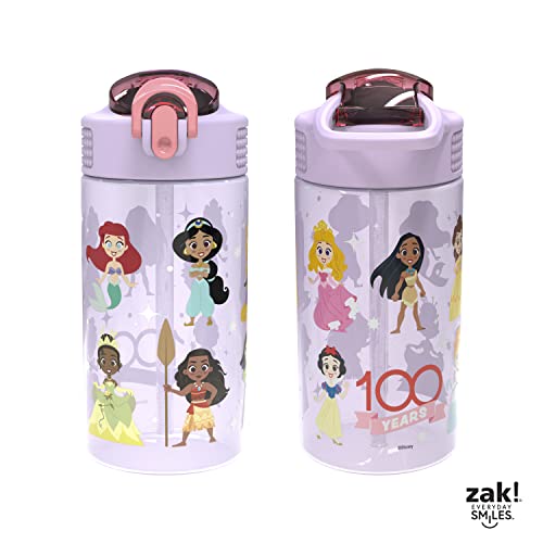 Zak Designs Kids Water Bottle For School or Travel, 16oz 2-Pack Durable Plastic Water Bottle With Straw, Handle, and Leak-Proof, Pop-Up Spout Cover (Disney 100 Princess, Limited Edition)