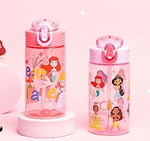 Zak Designs Kids Water Bottle For School or Travel, 16oz 2-Pack Durable Plastic Water Bottle With Straw, Handle, and Leak-Proof, Pop-Up Spout Cover (Disney 100 Princess, Limited Edition)