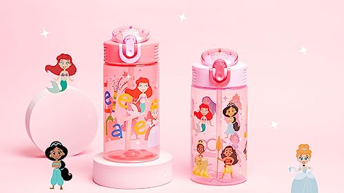 Zak Designs Kids Water Bottle For School or Travel, 16oz 2-Pack Durable Plastic Water Bottle With Straw, Handle, and Leak-Proof, Pop-Up Spout Cover (Disney 100 Princess, Limited Edition)