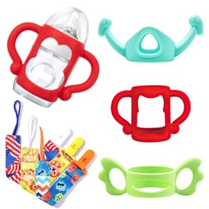 baby bottle handles for dr brown narrow bottles, 3 styles 2 sizes, bpa free soft silicone bottle holder for baby self-feeding, teach baby to drink independently (3 bottle handles & 3 bottle straps)